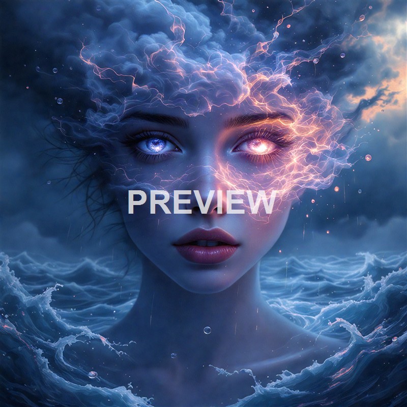 A surreal digital artwork depicting a woman's face with one eye glowing blue and the other glowing pink, surrounded by stormy clouds, lightning, and turbulent ocean waves.